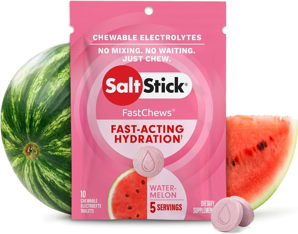 SaltStick Fastchew Electrolite Replacement Tablet untuk Rehydration, Paket 10 tablet, Watermelon, 10 Count