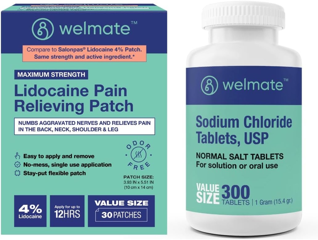 Bundle Pemulihan WELMATE: Sodium Chloride Tablet, 300ct + 4% Lidocaine Nuring Patch 30 ct