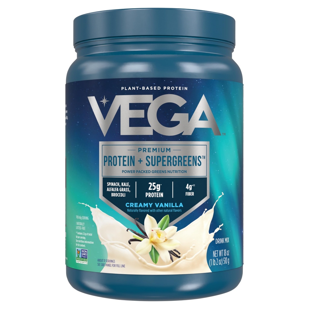 Vega Protein dan Hijau Powder Creamy Vanilla (11 pelayan) 25g Tanaman berbasis Protein Plus Veggies, Vegan, Non-GMO, Pea Protein untuk Perempuan dan Pria, 1.2lbs
