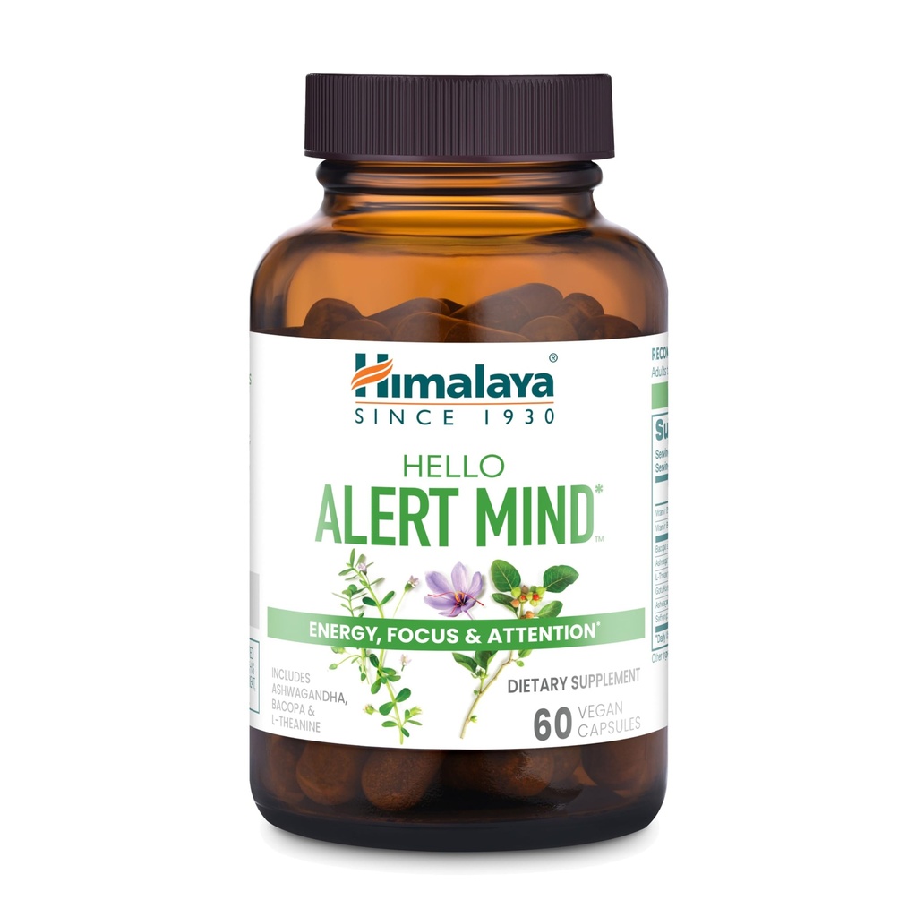 Himalaya Hello Alert Mind with L-Theanine, Ashwagandha, Babopa, Vitamin B6 & B12, for Energy, Focus & Attention, Vegan, Gluten Free, 60 Capsules