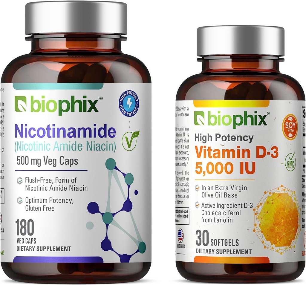biophix B-3 Nicotinamide 500 mg 180 Vcap Plus Free Vitamin D-3 5000 IU 30 Softgels - Nicotcical Amide Niacin Natural Flush- Free Vitamin Formula - Supports Skin Cell Health