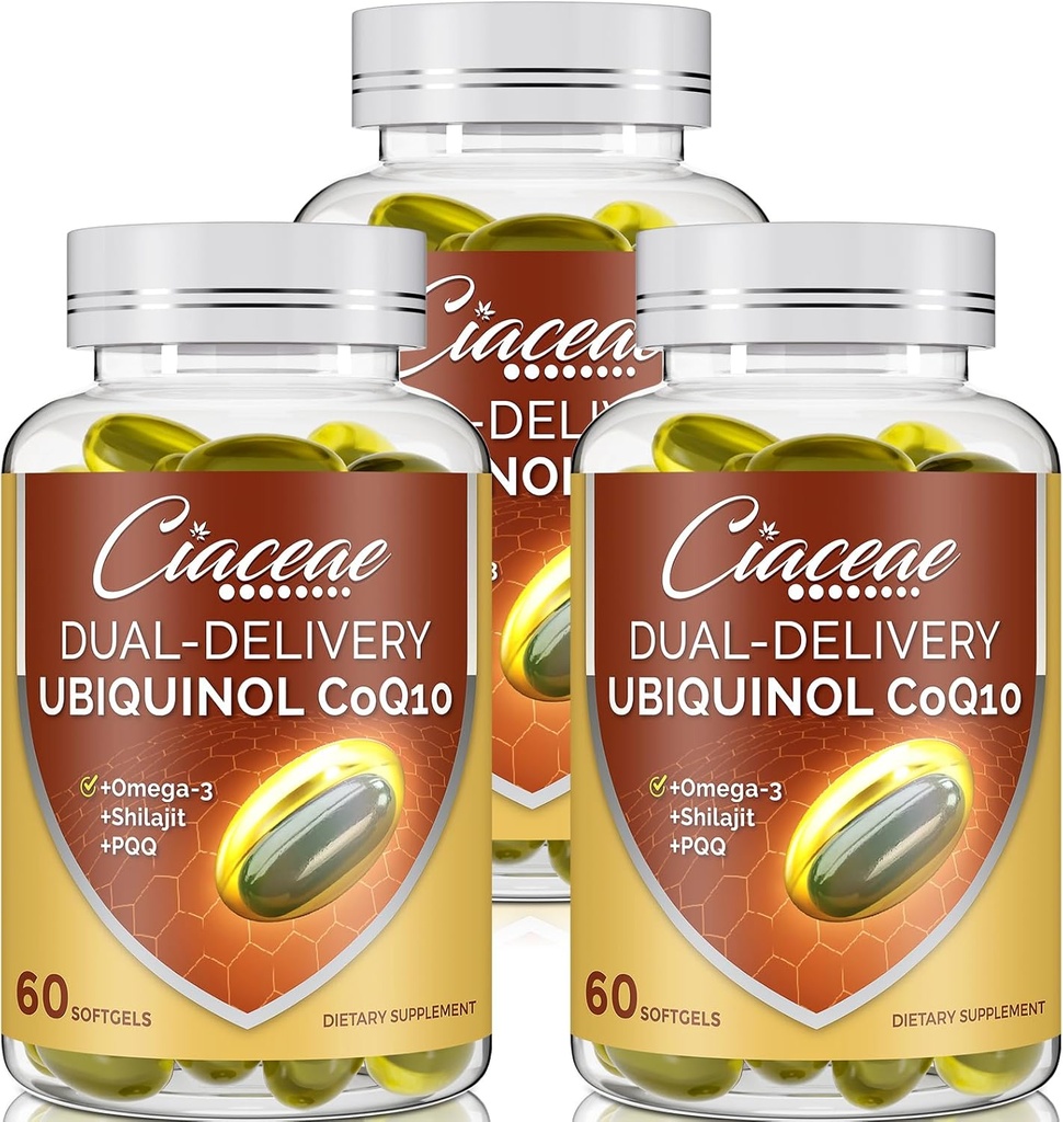 Ubiquinol CoQ10 600 MG Softgels dengan Omega-3 & Shilajit & PQQ, Advanced Dual Delivery - Q10, Aktif CoQ10 Ubiquinol Supplemen, Antioksidant, Heart, Brain & Energy, 180 Servis