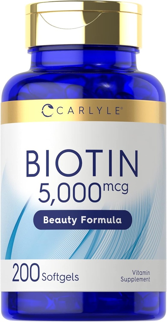 Carlyle Biotin 5000mcg Softgels 124; 200 Count 124; Vitamin untuk Rambut Skin dan Nails 126; Non-GMO, Gluten Free Supplemen