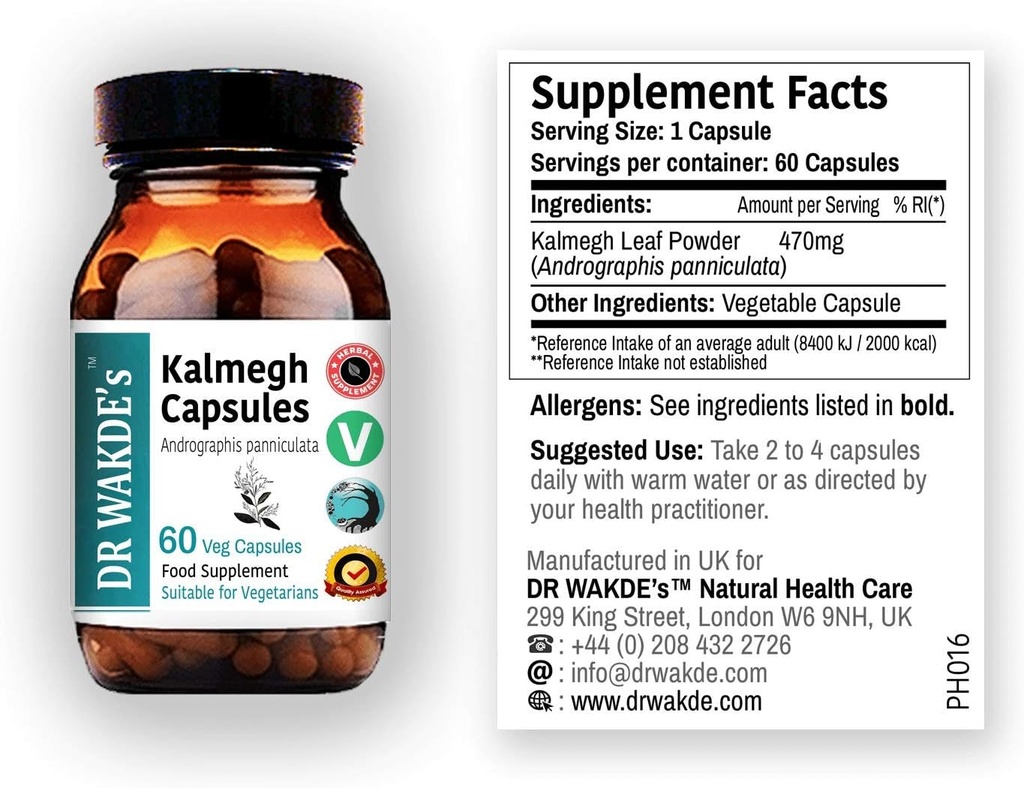 DR WAKDE 'S Kalmegh Kapsules (Andrographis panniculata, 60 Veg Caps, Pembangkit, Ayurvedic Herb, All Natural, Vegan)