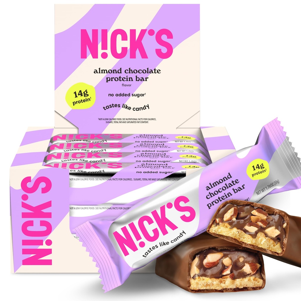 Chocolate Chomin Bars Nick 's Chocolate 124; Protein Tinggi 124; Lowkalori 124; rendah Carto Friendly Keto Snacks No Sugar (Multipack 12 bags x 50g) (12 Count (Pack of 1), Almond Chocolate)
