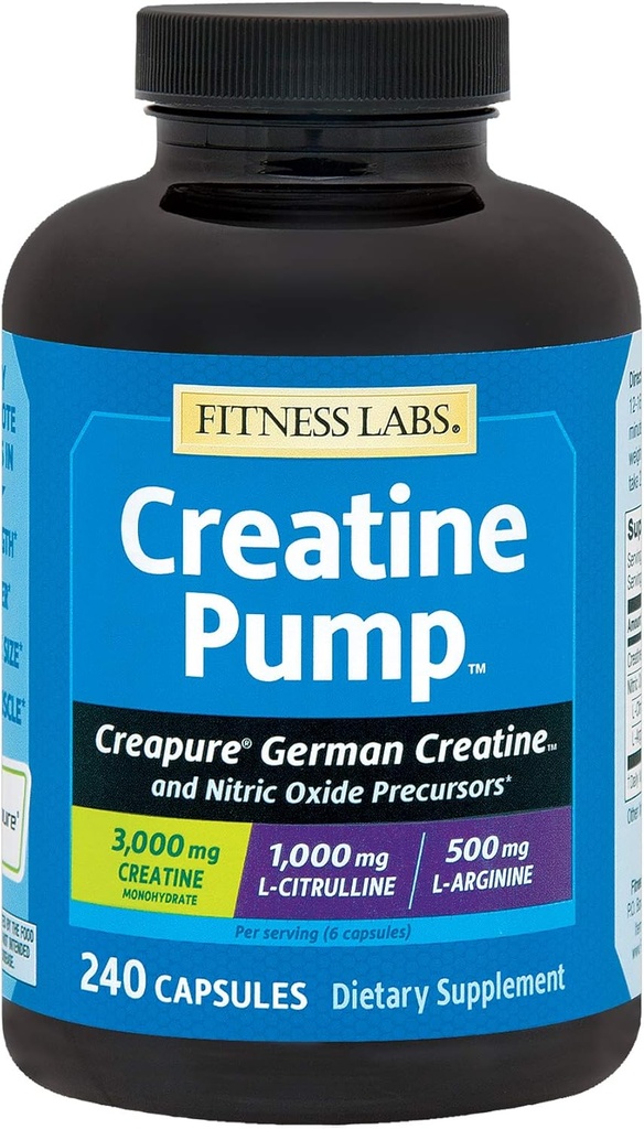 Fitness Labs Creatine Pompa dengan L- Citrulline, L- Arginine, dan Creapure Creatine Monohydrate - 240 Kapsul
