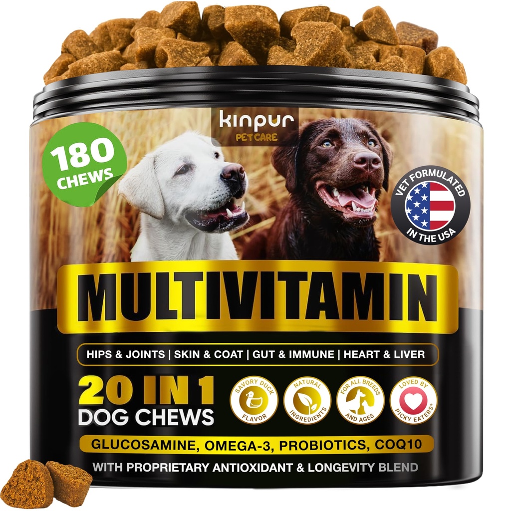 20-in- 1 Dukungan Multivitamin Anjing - Imunitas, Divalry, Gabungan dan Dukungan Kesehatan Jantung Gabungan - Vitamin Anjing Alam dengan Biotin, Mom, Cranberry, Glucosamin untuk Anjing - 180 Chews