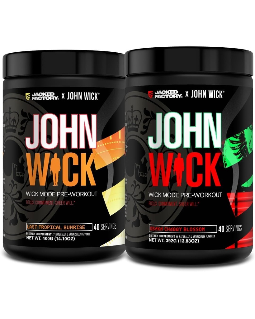 Jacked Factory X John Wick - Wick Mode Pre Workout Powder - Intense Energy, Ready Focus, Unstopment, and Sheer Will - Last Tropical Sunrise & Osaka Cherry Blossom (80 Servings)
