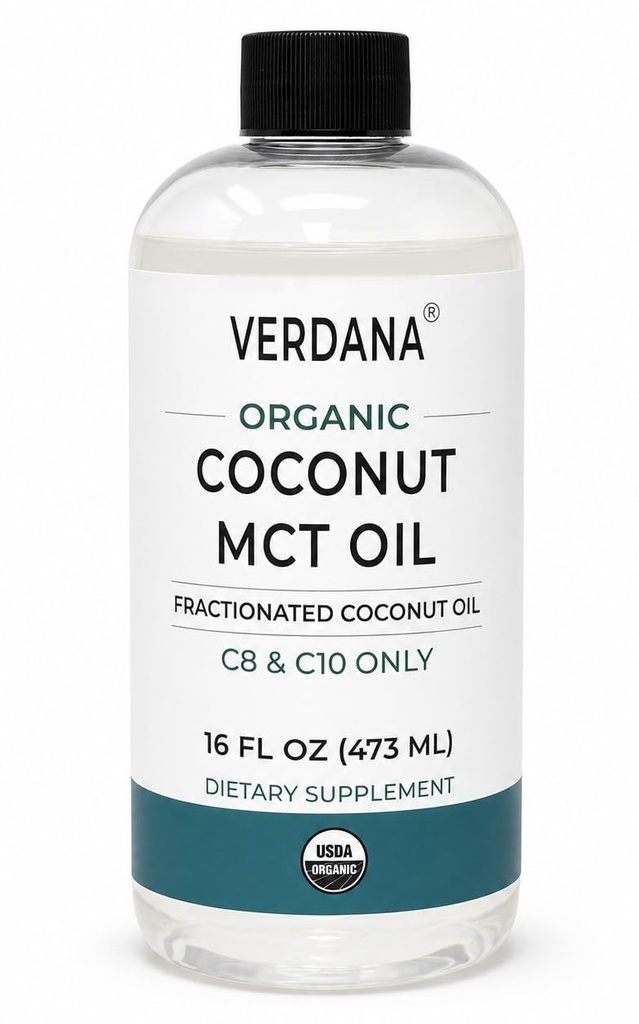 Verdana Organic MCT Oil 16 oz - Food Grade USDA Organic for Keto Coffee, Unfeitored Natural Oil Pulling Mouthwash & Massage - Coconut Derived, Fracated- Medium Chain C8 - Non-GMO, Kosher