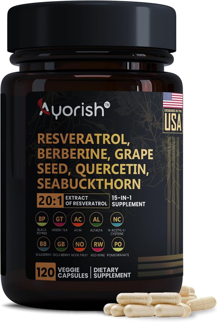 Suplemen Resveratrol: 124; Berberine Grape Extract Quercetin Green Tea Extract Acai Noni Polyphenol Tambahan Perempuan & Men, N- Acetyl Cysteine NAD Booster 120 Count