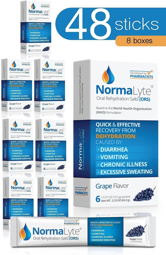 Rehydration Salts NormaLyte Oral 48 Sticks Packs (Yields 500mL per Pack) -Graps 124; Suplemen Energi, Suplemen Potasium, Pemulihan Dehidrasi dan Absorpsi Cepat