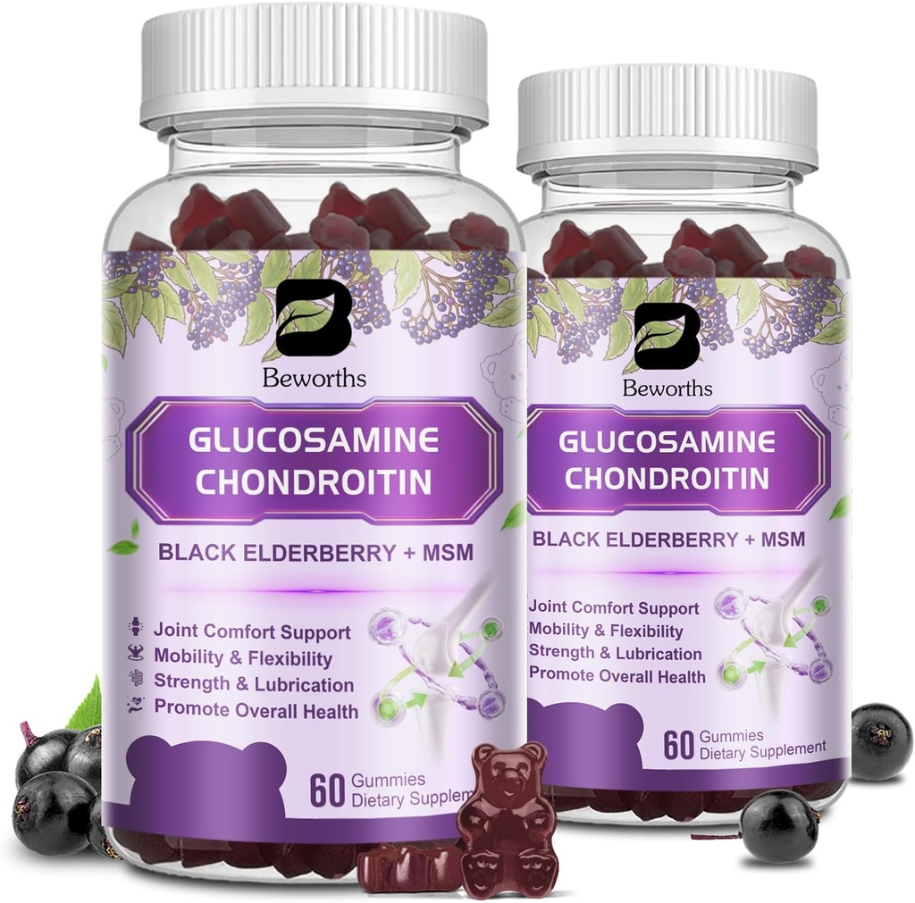 (2 Paket) Glucosamin Chondroitin Gummies, Tambahan Dukungan Bersama Dengan MSM & Elderberry untuk Mobility & Fleksibilitas, Antioksidant Dukungan untuk Pria & Perempuan, 120 Gummi