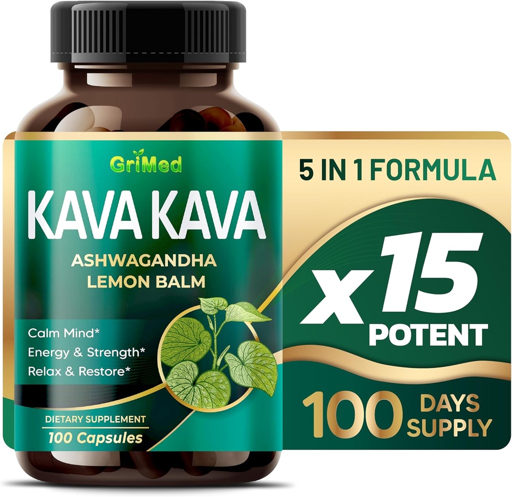 GriMed Kava Kava 19,700mg - X 15 Power dengan Ashwagandha Lemon - Kekuatan, Relax, Restore, Tenang - Dibuat di AS (100 Count (Paket 1)))