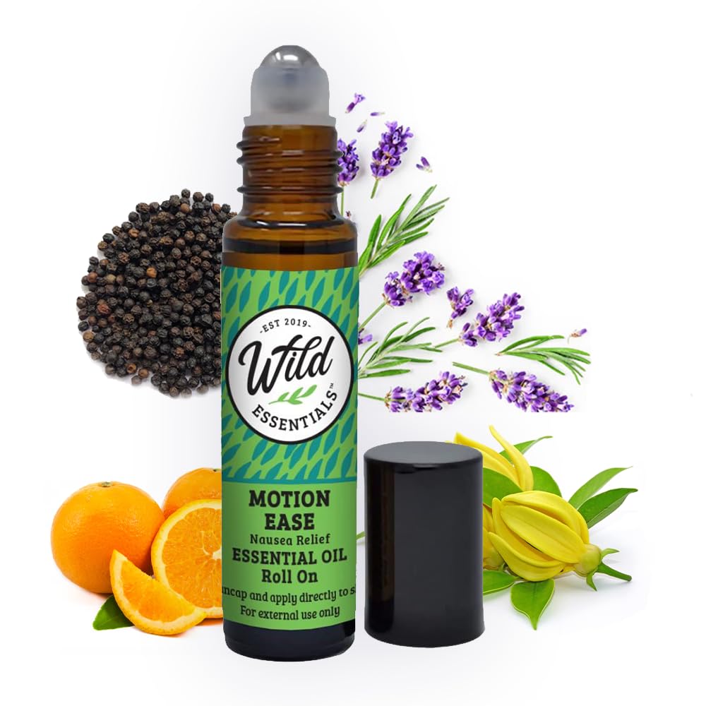 Wild Essentials Motion Ease Oil Roll On, 10ml Motion Sickness, Nausea, Upset Stomach, Vertigo, Dizzy, Seasick, Carsick, Made with Organik Jojoba Oil, Ready to Use, Moisturizer, All Natural