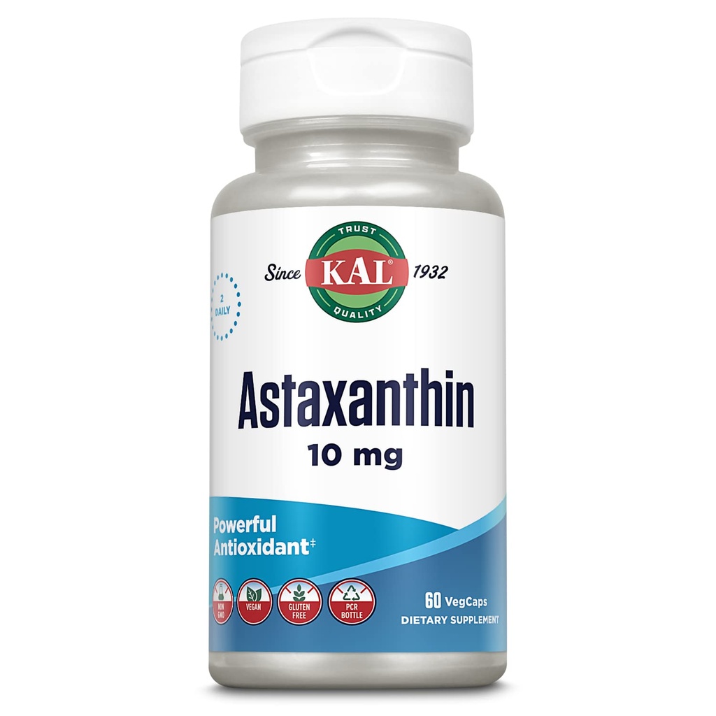 KAL Astaxanthin 10mg, Suplemen Antioksidan Terkuat, Layanan Kesehatan dan Otak, Dari Sumber Tanaman Alam, Bukan-GMO, Vegan, Gluten Bebas, 30 Servis, 60 VevCaps