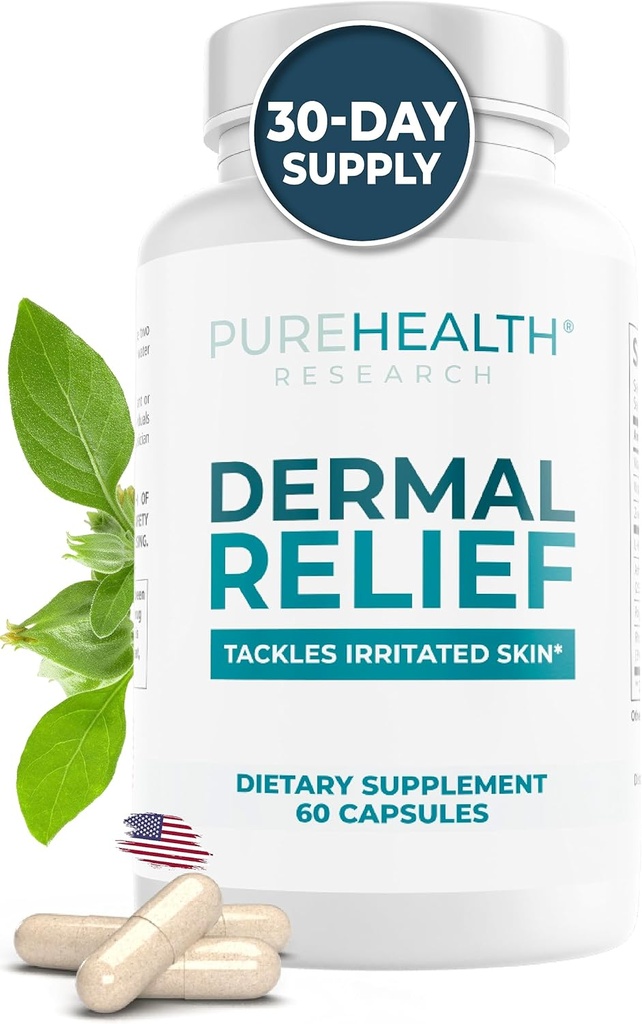 PUREHEALTH RESEARCH Relief Suplemen Dermal - untuk Irosting Skin, Eczema dan Dermatitis dengan L- Histidine, Ashwagandha Root Extract, Rhodiola Crenulata, Vitamin D dan E - 1 Botol - 60 Capsules