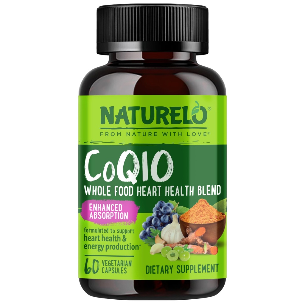 NATURELO Whole Food CoQ10 Supplement, 60 Veg Capsules, Heart Health Blend, powerful Antioksidant, CoQ10 100mg for Energy Production