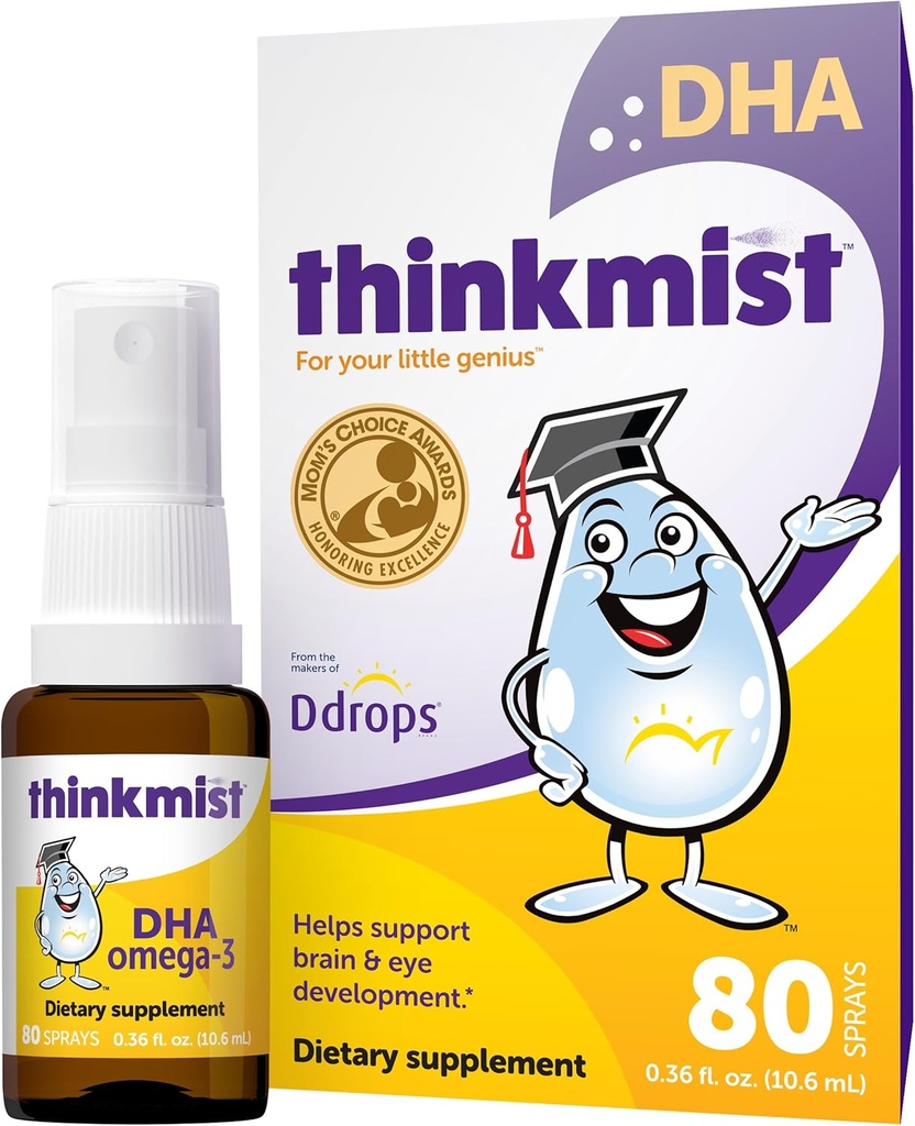 Ddrops 134; Thinksish Kids DHA Omega-3, 80 Sprays - Daily Liquid Omega-3 Suplemen - Mendukung Fungsi Otak / Vision Sehat. Tidak ada Gummi Saran, Non- GMO