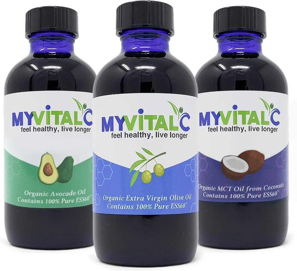 MyVitalC Combo of Organic Extraic Virgin Olive Oil, MCT & Avocado Oil - ESS60 Antioksidant Suplemen - untuk Anti- Aging, Umur Panjang, Tidur, Energi - Paket 3