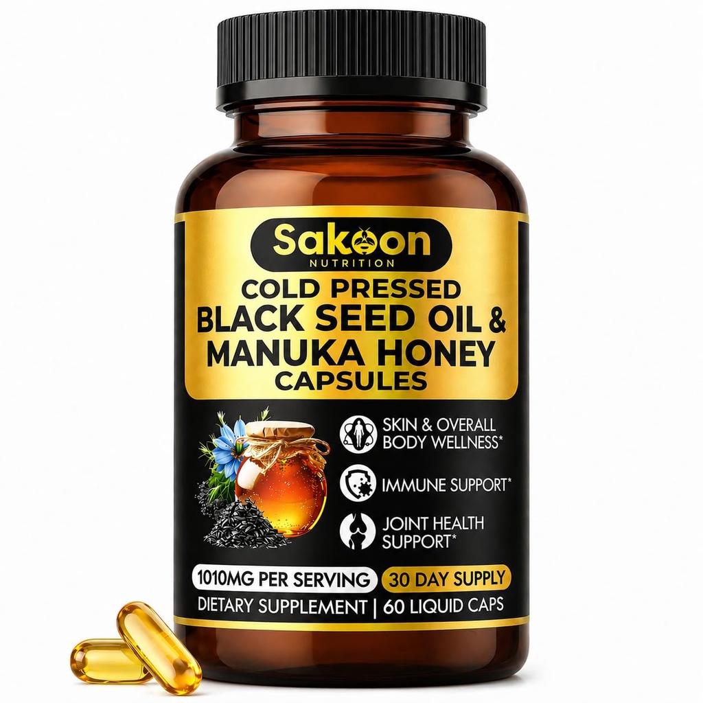 Katup Minyak Benih Hitam - Dengan Manuka Baru Madu Selandia, Dingin Menekan Turki Nigella Sativa Oil, 2% Thymoquinone, Imune & Digetical Dukungan, Dibuat di AS, 60 Count, 1010mg per melayani
