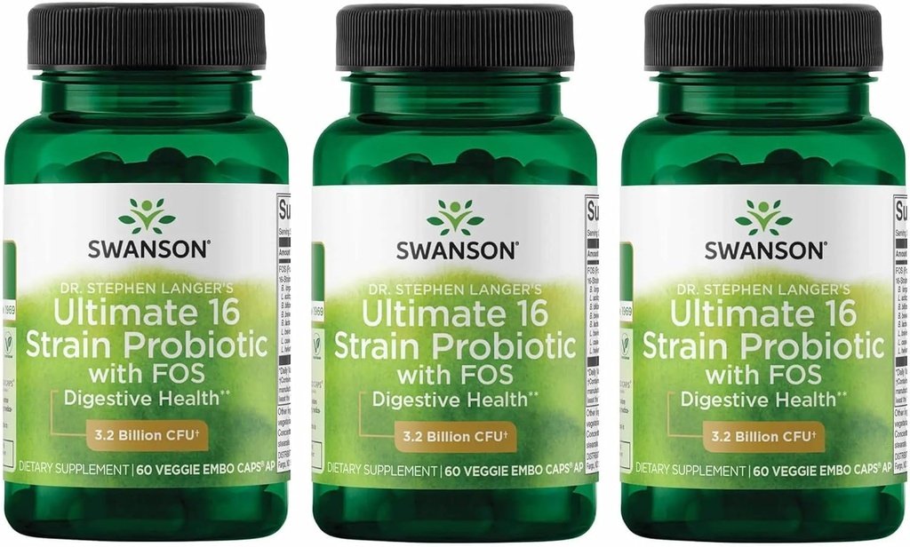 Swanson Dr Stephen Langer Formula - Natural Probiotic w / Prebiotic FOS - 16- Strain Tambahan Dukungan Digetical w / 3.2 Milyar CFU per Capsule - (60 Veggie Capsules) 3 Pack