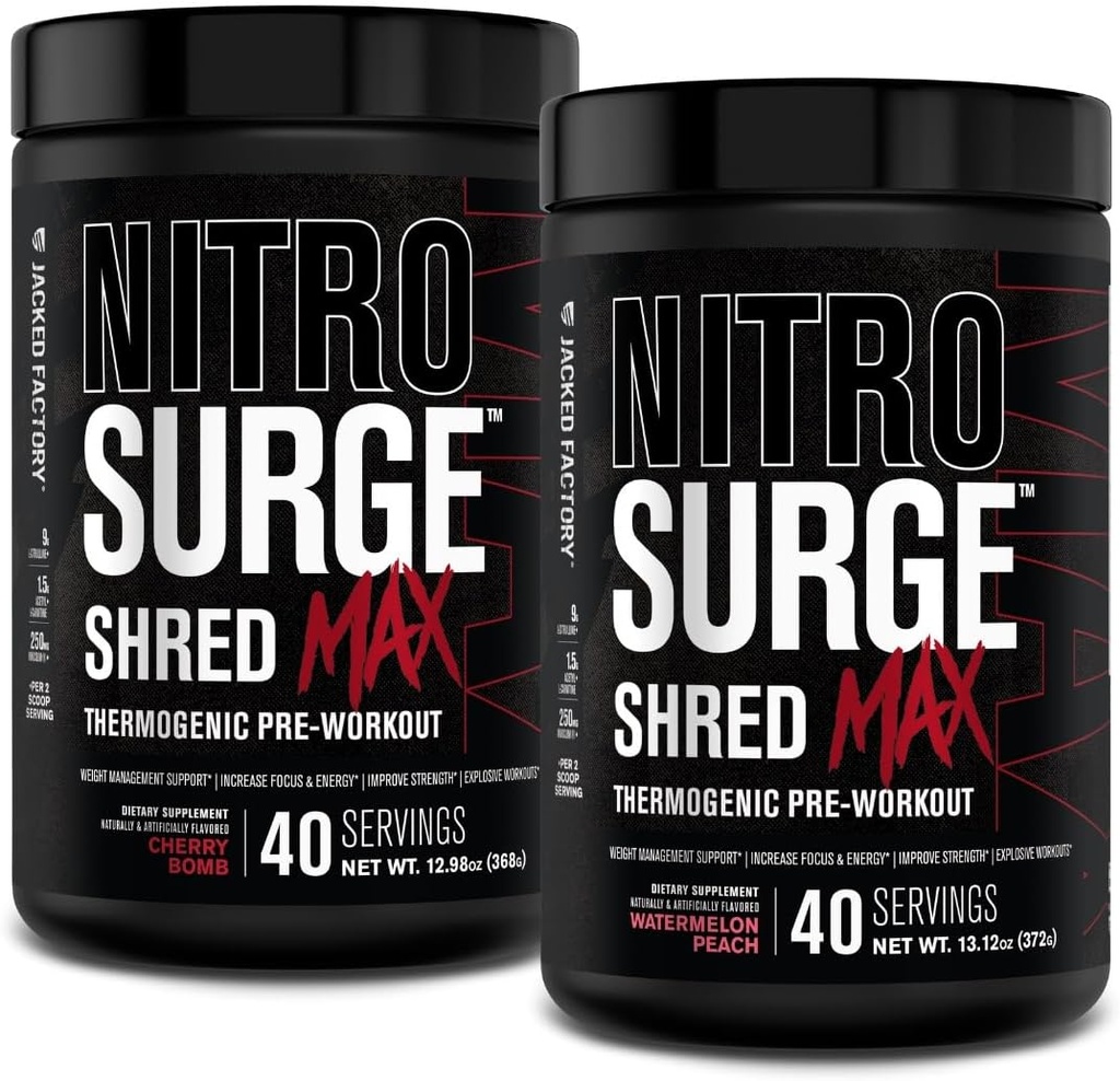 Jacked Factory Nitrospush Shred Max Pretraining - Tinggi Performance Pre Workout Powder dengan L Citruline, Acetyl Carnitine, Organic Caffeine - 80 Servings, Cherry Bomb & Watermelon Peach