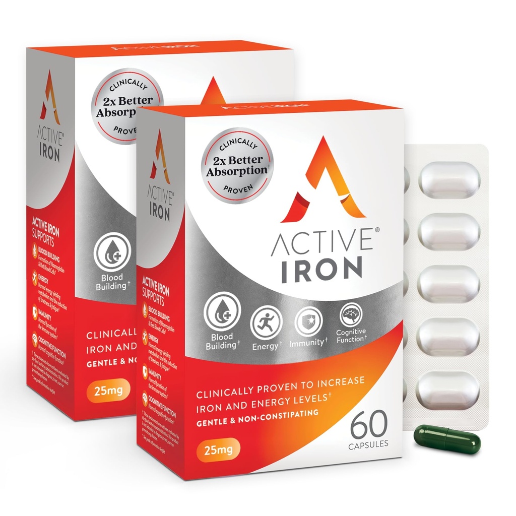 Tambahan Besi Aktif 25mg - Secara klinis Dibuktikan untuk Meningkatkan Tingkat Besi & Energi - Lembut, Non-Constipating, Sangat Absorbed - 120 Kasules