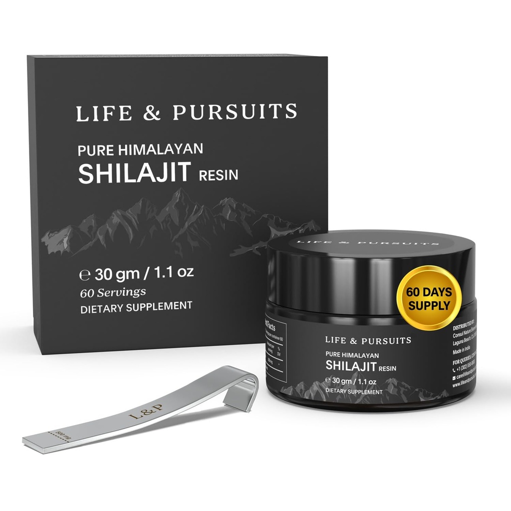 Life & Pursuits 100% Pure Real India Himalaya Shilajit Resin, 1,1 oz 500mg, Minimal 75% Fulvic Acid, 85 + Trace Mineral, Tambahan Dietary untuk Laporan Uji Lab ke-3 Pria, 60 Servings (Paket 1)