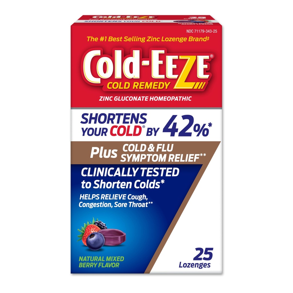 Cold- Eeze Plus Natural Mixed Berry Cold & Flu Zinc Lozenges, Multi- Symptom Relief, Homepathic Cold Remdy, Reduces Durasi The Common Cold, Sambucus Nimra to Relieve Cold & Flu Symporics, 25 Ct