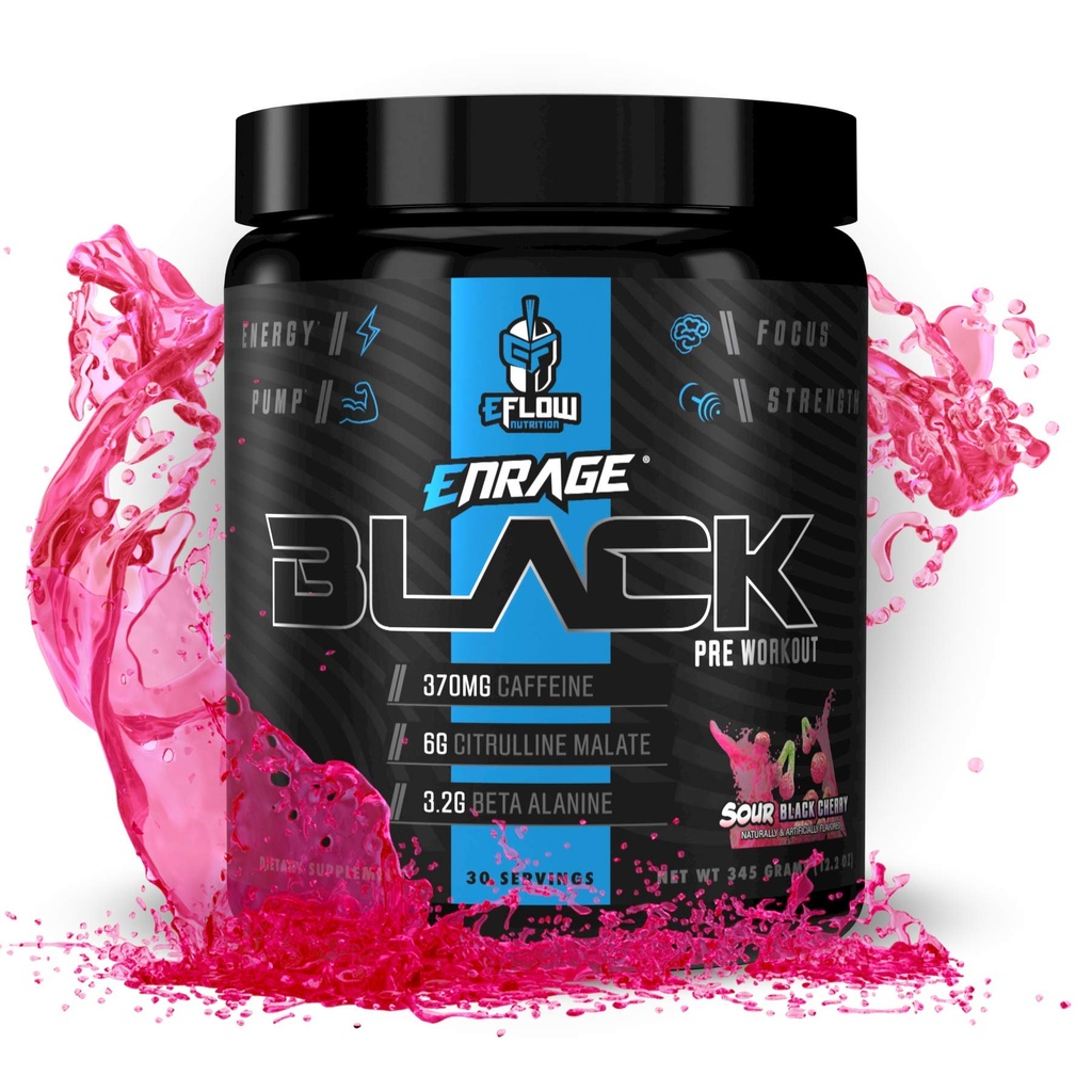 EFlow Nutrection Enrage Black High Stimulant Pre Workout Suplement - Pretraining Powder to Boost Energy, Pumps and Power - 4 Flavors (30 Pelayan) (Sour Black Cherry)