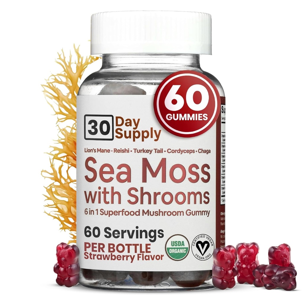 Sea Moss Gummies with Lions Mane Mushroom - Sea Moss Gel Alternative with Irish Moss, Reishi, Chaga & Turkey Tail Suplemen - Focus Gummy Without Coffee- 60 ct