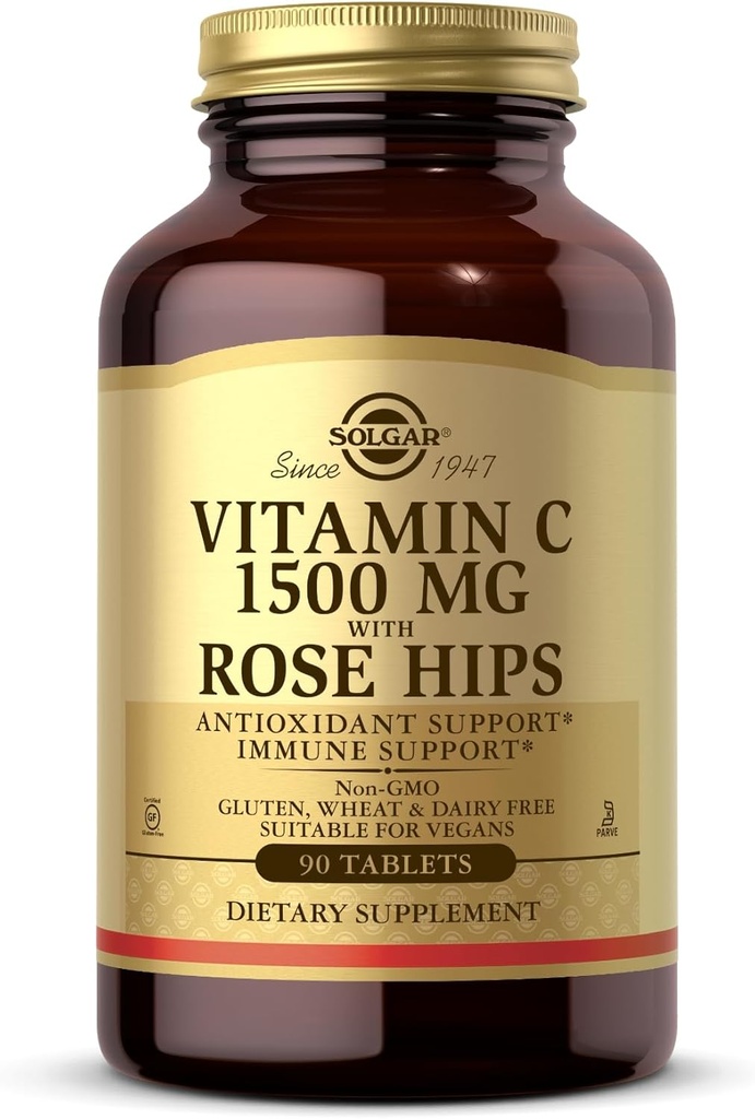 Solgar Vitamin C 1500 mg dengan Rose HIPS, 90 Tablet - Antioksidant & Imune - Overall Health - Supports Healthy Skin & Joints - Non-GMO, Vegan, Gluten Free, Dairy Free, Kosher - 90 Servis