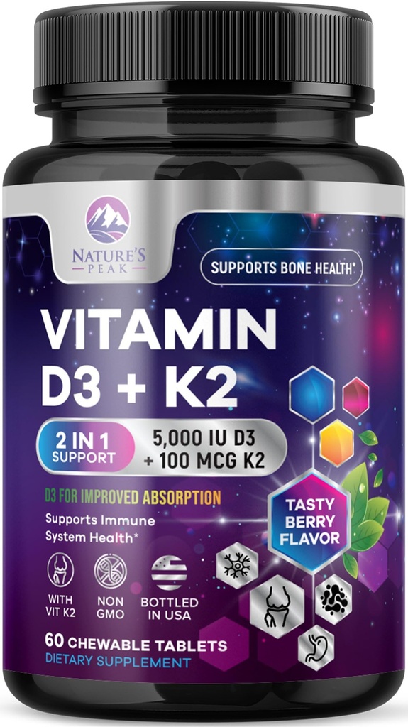 Vitamin D3 K2 - 5000 iu Vitamin D3 & 100 mcg Vitamin K2 (MK-7) Kompleks for Imune Dukungan - Bone, Teeth & Muscle Health Support - Berry Chewable, Gluten Free, Nun-GMO, Botol di AS - 60 tablet