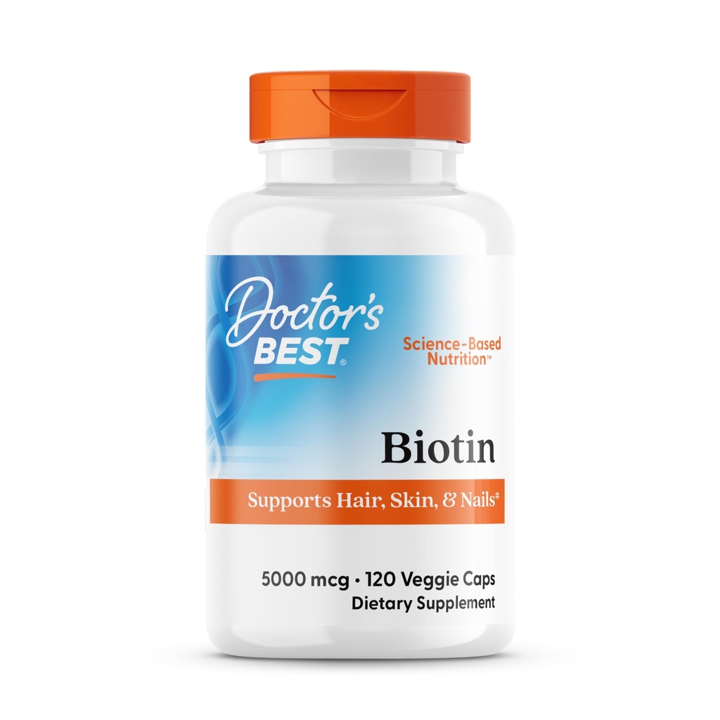 Doctor 's Best Biotin Supports Hair, Skin, Nails, Boost Energy, Nervous System, Non-GMO, Vegan, Gluten Free, 120 Count