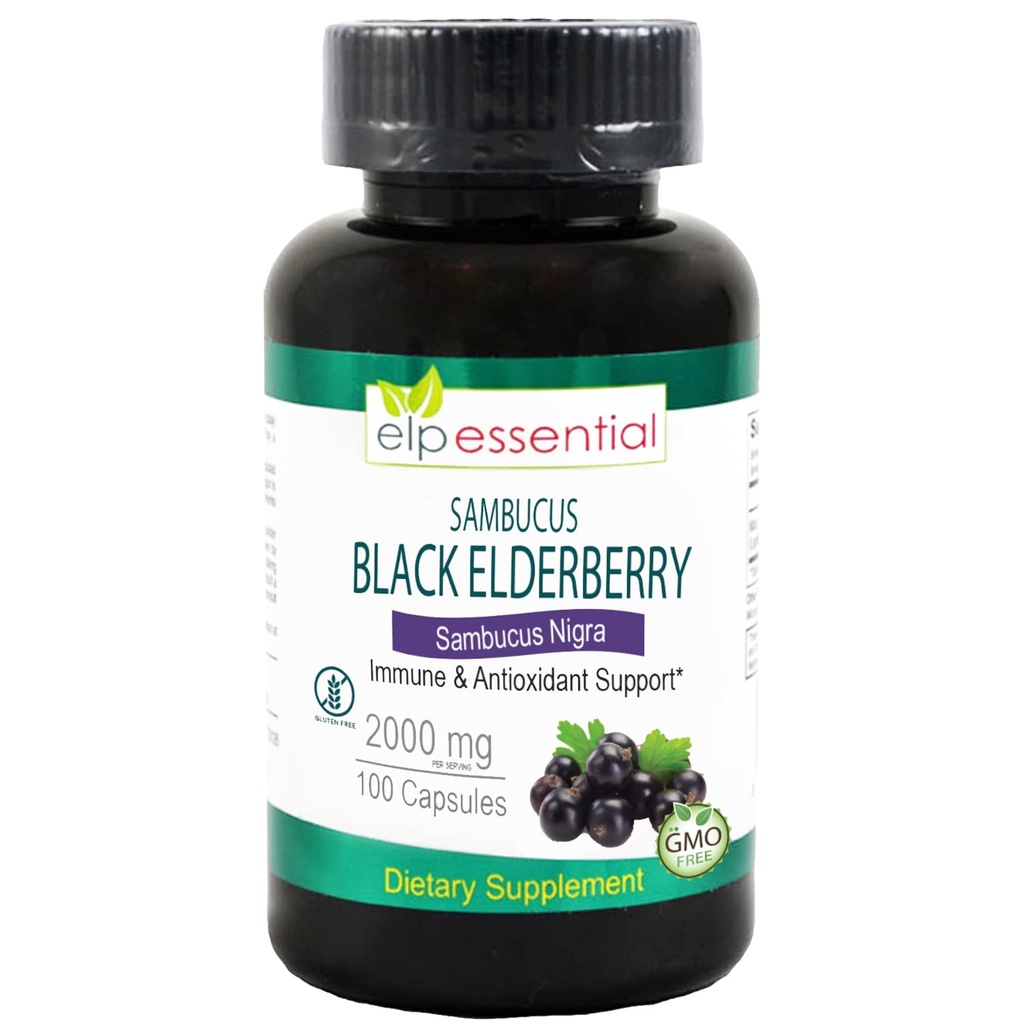 ELP ESSENTIAL Black Elderberry Capsules 2000mg 124; 100 Count 124; Super berkonsentrasi Sambucus Extract, Antioksidant dan Imune