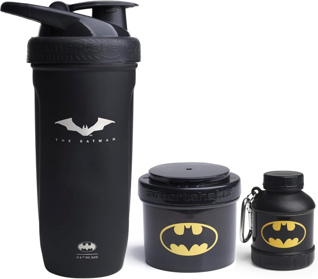 Smartshake DC Comics Bundle - Batman Stainless Steel Protein Shaker 900ml dengan Funnel 110ml dan Penjamin Penyimpanan 200ml.