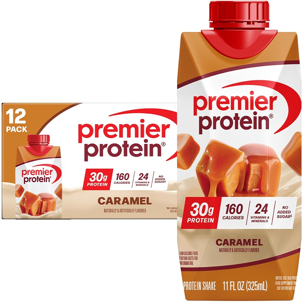 Premier Protein Shake, Caramel, 30g Protein, 11 fl oz, Paket 12 (Packaging May Vary)