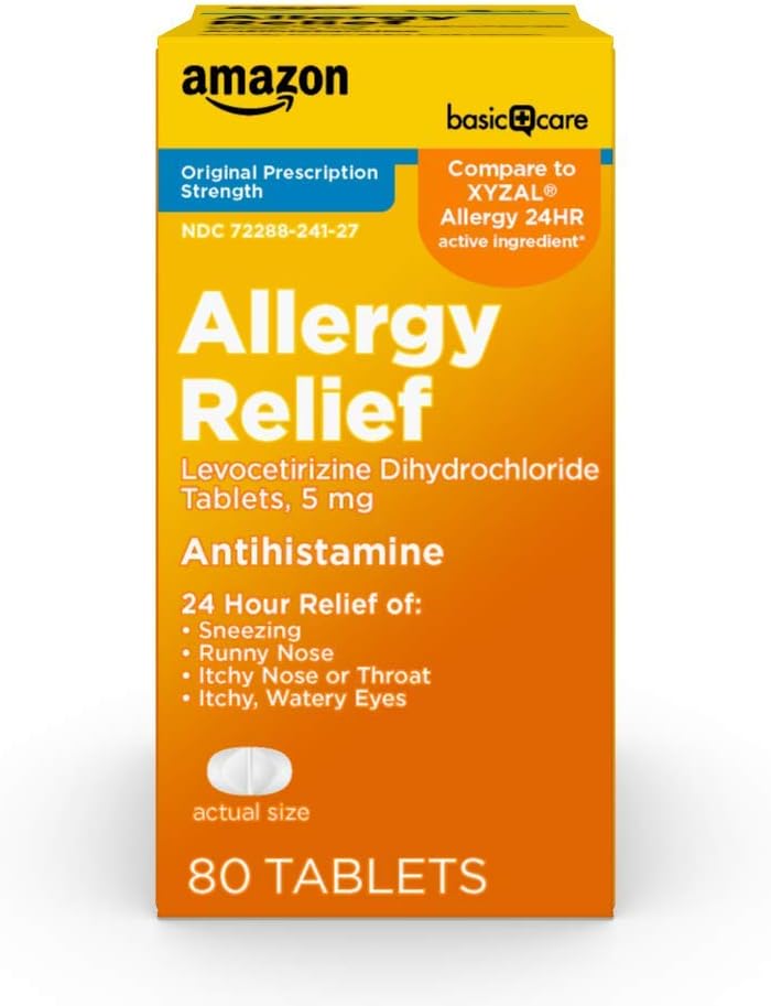 Kepedulian Dasar selama 24 jam, Lestatirizine Dihydrokloride Tablet, 5 mg Antihistamine untuk Sneezing, Runny Nose, Itchy Nose atau Throat dan Itchy, Watery Eyes, 80 Count Pack