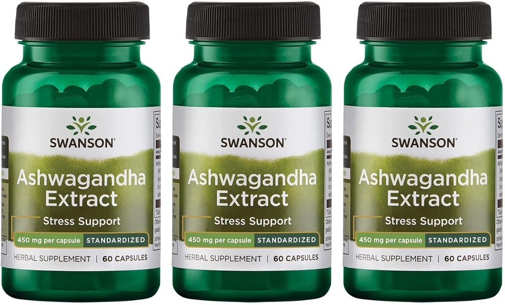 Swanson Ashwagandha Extract-Natural Suplemen Memproyeksikan Respon Stres Sehat, Energi Dukungan & Saraf Sistem Gugup - Ayurvedic Support for Natural Wells- (60 Capsules, 450mg Masing-masing) (3 Paket)