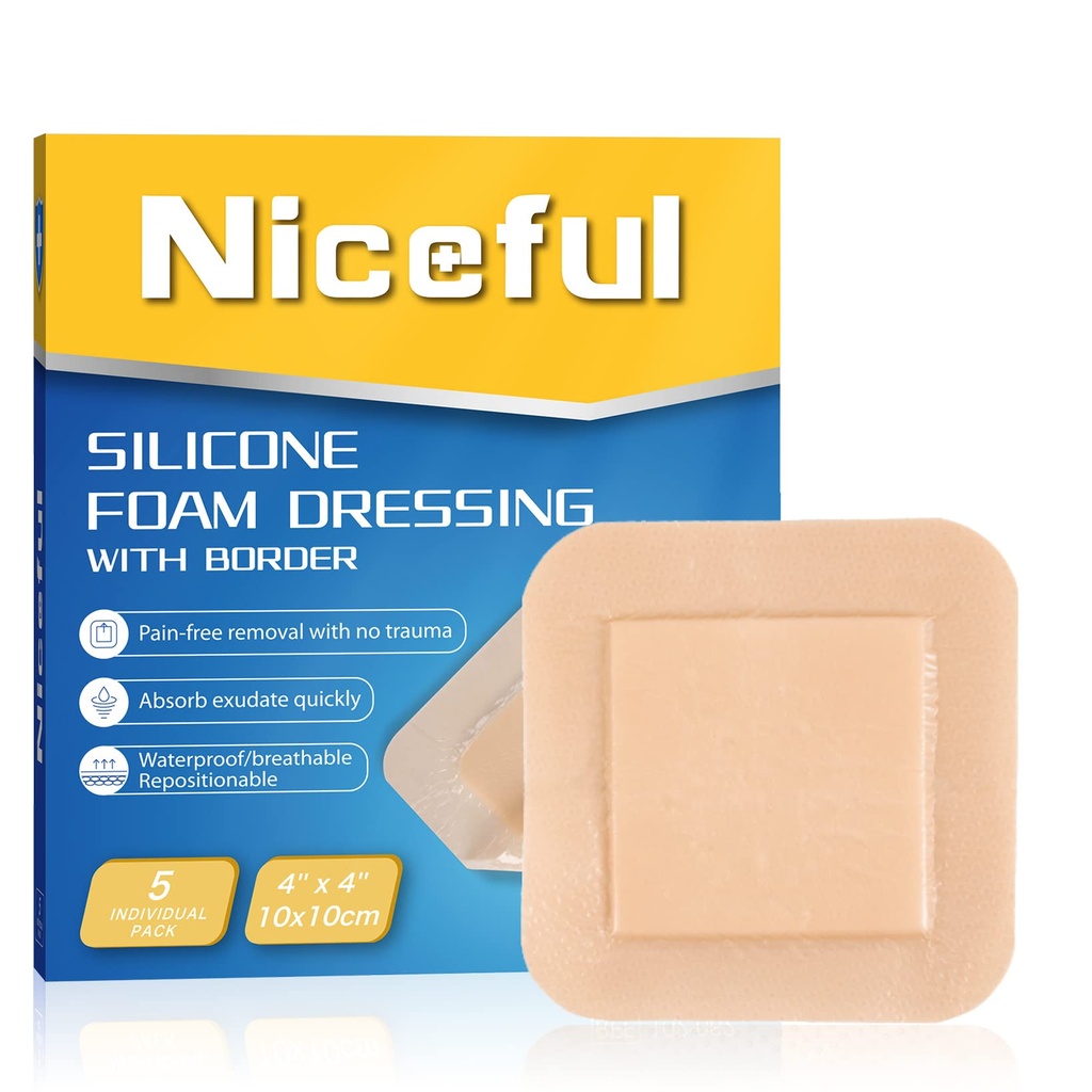Silicone Foam Dressing 4 "x4", Perban Silicone tahan air dengan Perbaikan Perbatasan, Tinggi Absorbency Banding Wound (2,5 "X2,5" Pad), 5 Packs, FSA HSA Eligly