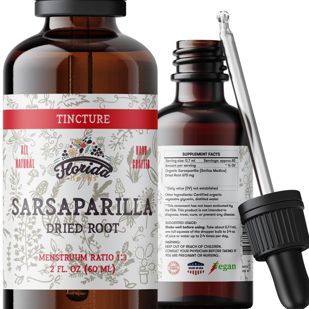 Sarsaparilla Tincture, Ekstrak Sarsaparilla Organik (Smilax Medica) Root Kering, Non-GMO di Cold- Menekan Organik Glycerin 2 oz, 670 mg