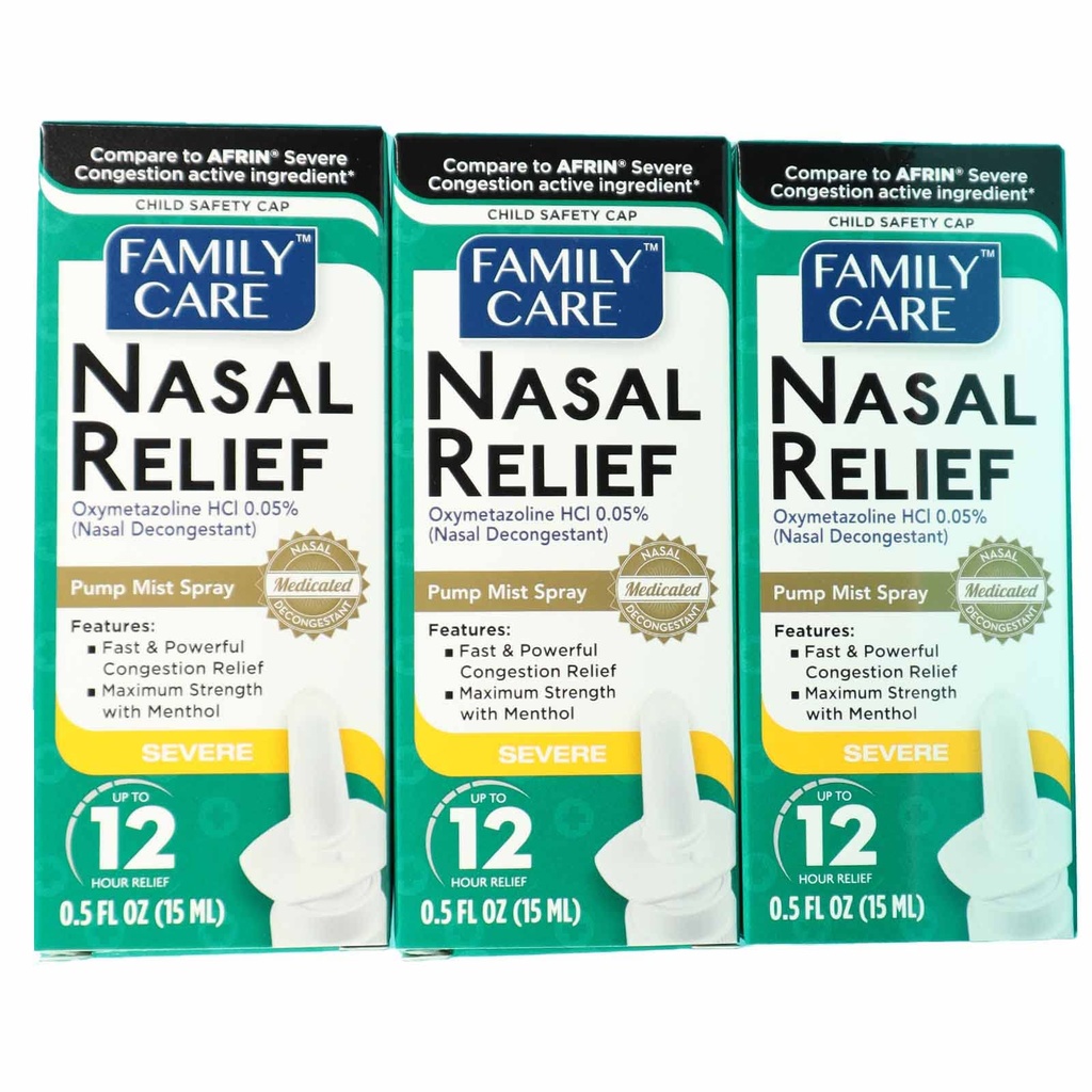 Keluarga Care Nasal Relief Spray, Pompa Mist, Anti- tetes, kemacetan berat, (Oxymetazoline HCI) 12 Jam, 3 Pack