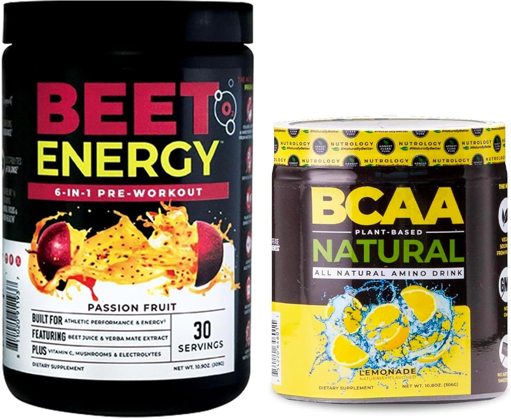 Nutrologi Beet Natural O2, Pra Workout Powder, Passion Fruit Flavor (30 Servings) BCAA Natural, Plant Based BCAA Powder, Lemonade Flavor (30 Pelayan)