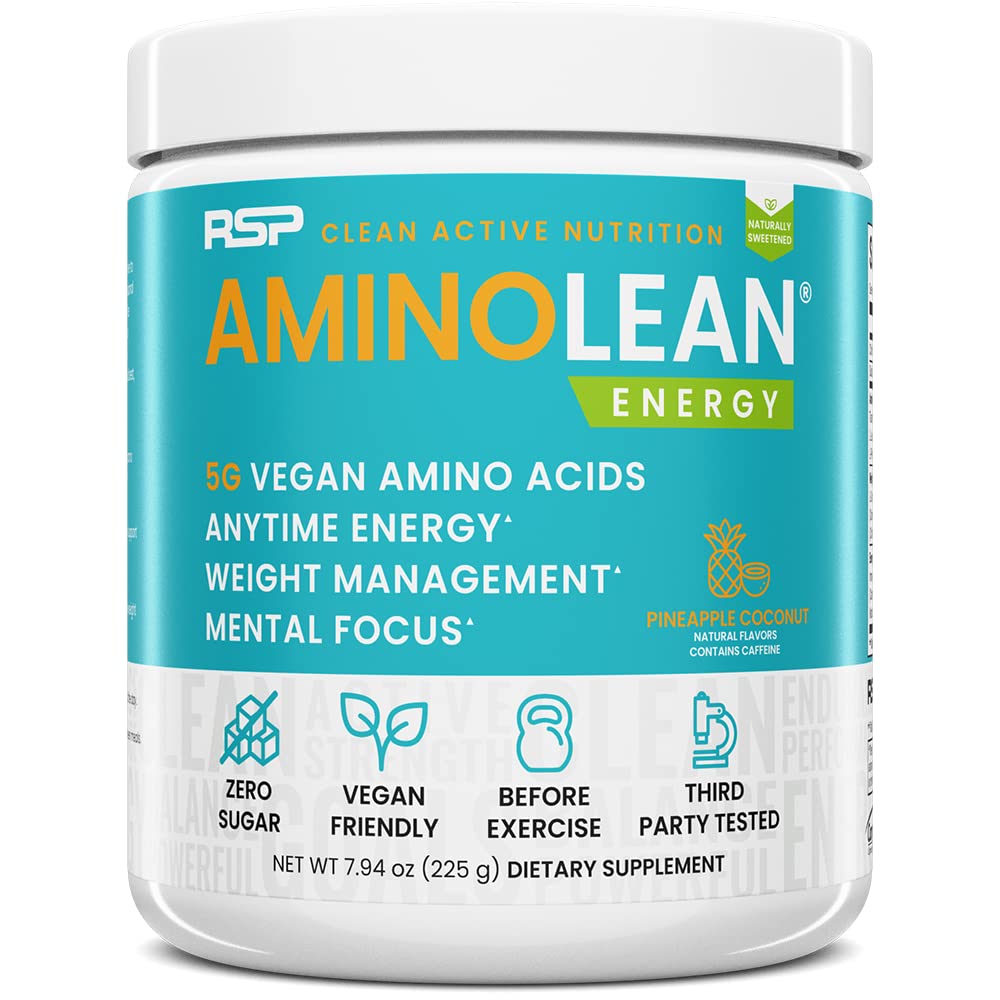 RSP Vegan Aminolean - All-inOne Natural Pre Workout, Amino Energy, Weight Management with BCAA, Complete Vegan Pretraining Powder, Pineapple Coconut