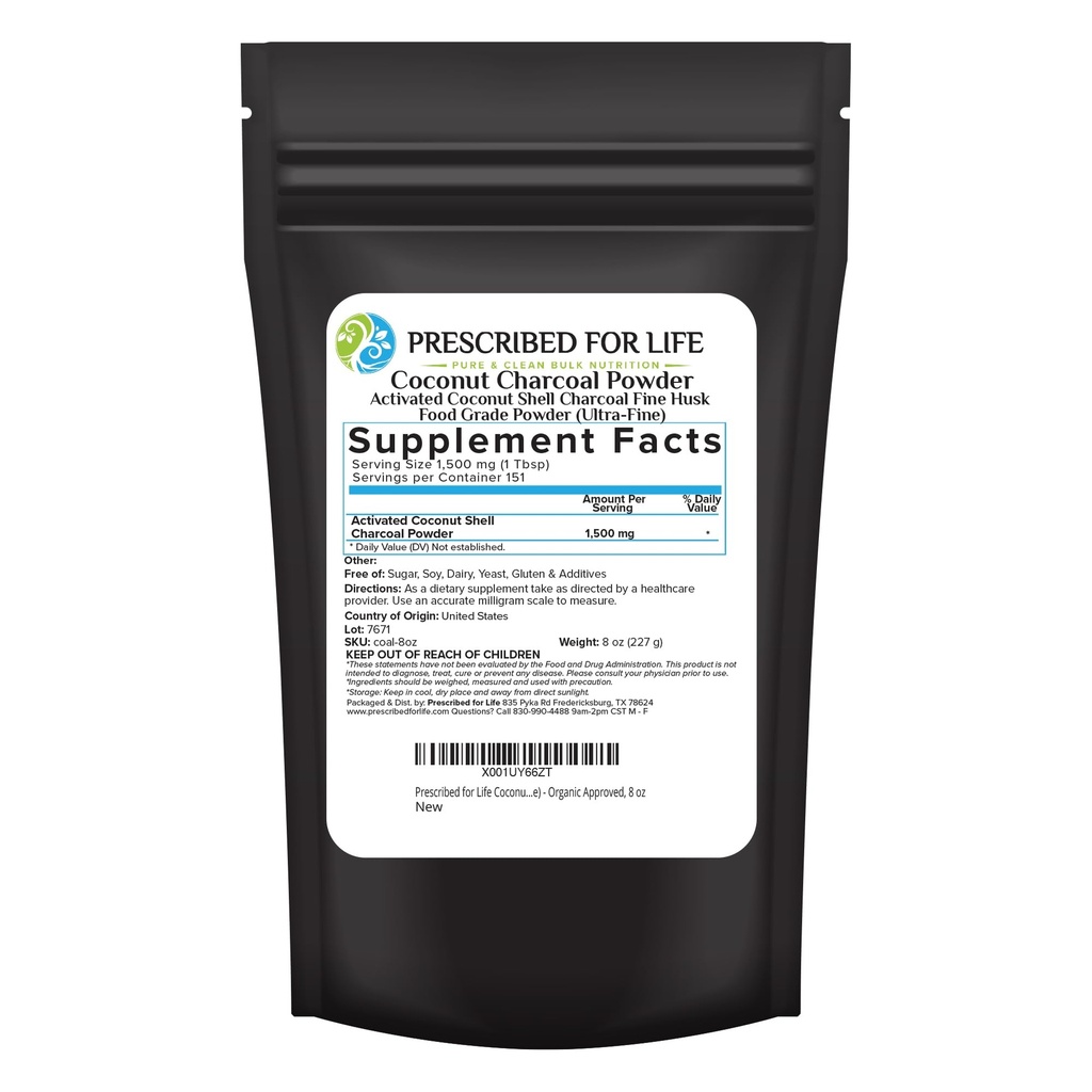 Prescripted For Life Activated Arang Powder, Coconut Shell Arang Ultra Fine Husk Grade Powder (8 oz)