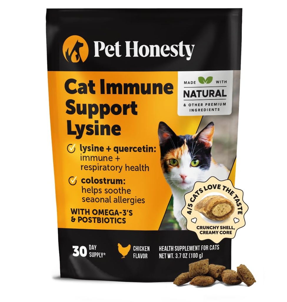 Cat Imune Dukung Lysine - Allergy Relief & Imune Health Suplement for Cats with L-Lysine, Colostrum, Quercetin & Omega - 3 - Soothes Sneezing, Runny Nose & Itchy Skin Chicken, (30- Day Supply)