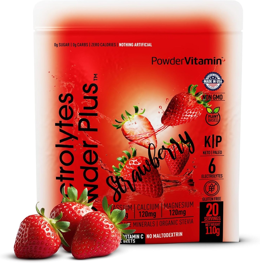 PowderVitamin Electrolytes Powder Plus (20 pelayan) Strawberry Electrolite Powder, No Maltodextrin, Keto, Sugar Free, Pink Himalaya Salt, 1000mg Potasium, 120mg Calcium, 120mg Magnextrin, Powder Hidration