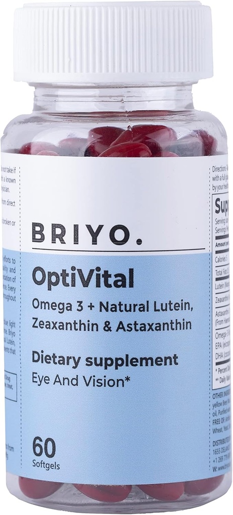 Briyo Optivic Eye Health Suplement with Lutein, Symxanthin, Astaxanthin and Omega 3 - Supports Visual Claity, Screen Fatigue Relief and Long Term Retinal Health - Satu hari, 60 Softgels