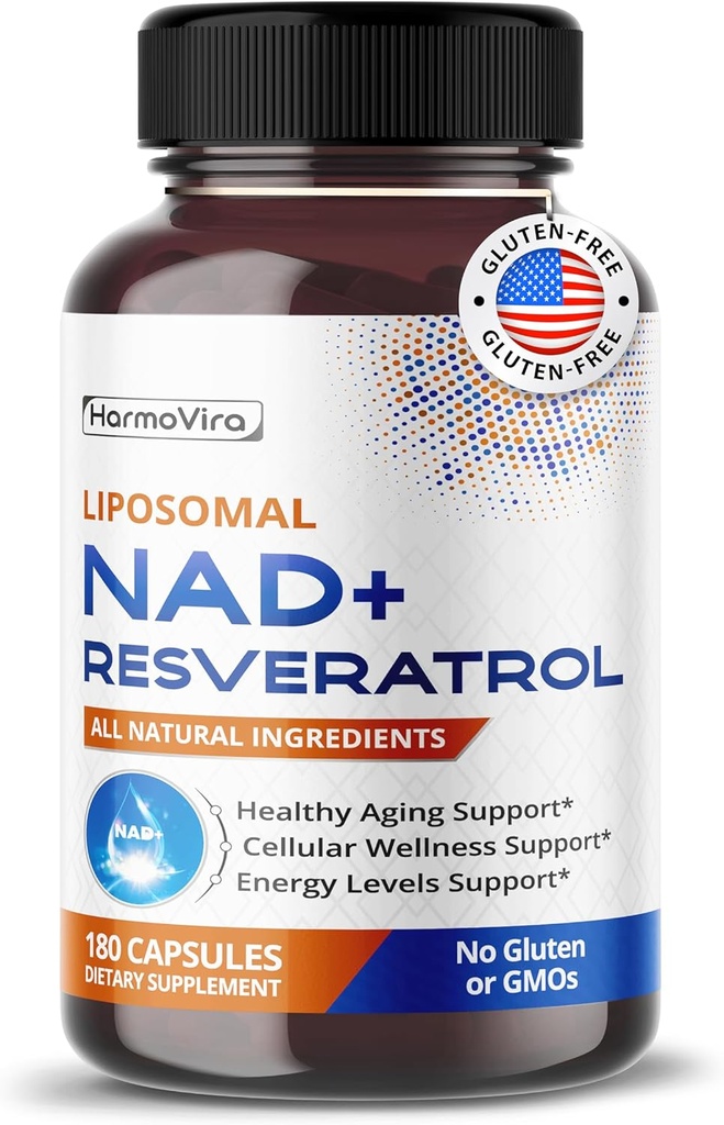 Lipomal NAD + 600mg dengan Resveratrol 200mg untuk Energi Sel dan Penuaan Sehat - 180 Capsules - Vegan, Non- GMO, USA Made