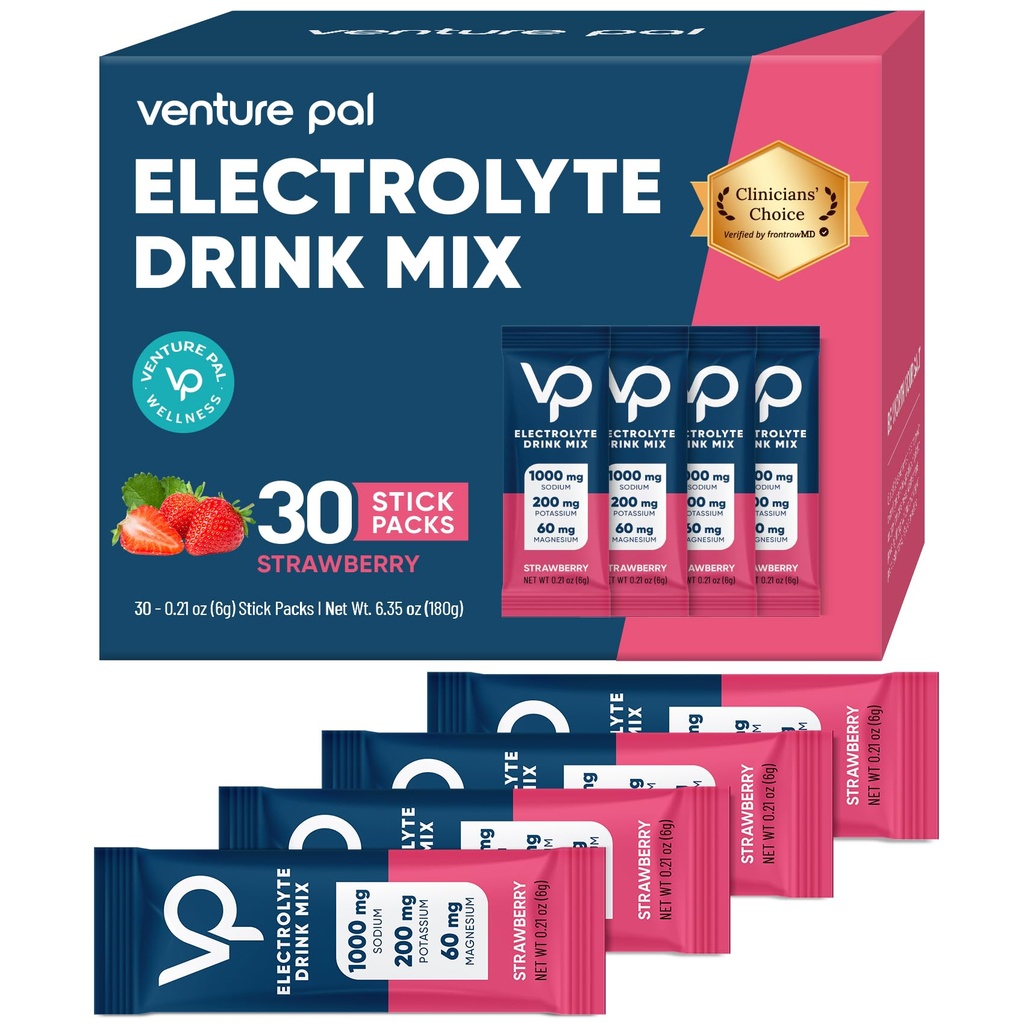 Sodium Venture Pal High Sugar Free Electrolytes Powder Packet - Paket Hidration dengan Vitamin, Sodium & Potasium 124; Zero Calories 126, Keto & Paleo Friendly Electrolite Drink - 30 Sticks